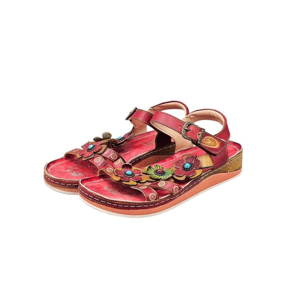 L'Artiste Women's Size 39/8.5 US Spring Step Eidolara Red Leather Floral Sandals - Picture 3 of 8